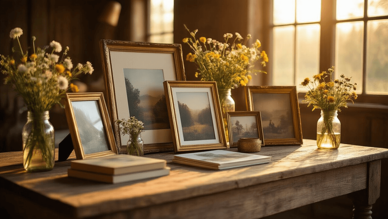 Cinematic display of personalized photo gifts on a rustic wooden table, illuminated by warm golden hour light, featuring canvas prints, photo books, and vintage frames, accented by fresh wildflowers in mason jars.