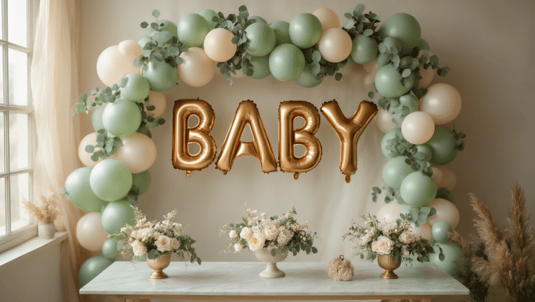 Baby Balloons: Everything You Need to Know for Your Celebration (Plus Critical Safety Tips) Cinematic overhead view of a sophisticated baby shower balloon installation with sage green and cream foil balloons in an organic garland, featuring gold metallic "BABY" letters, eucalyptus accents, and a marble gift table adorned with white florals, all bathed in warm natural light.