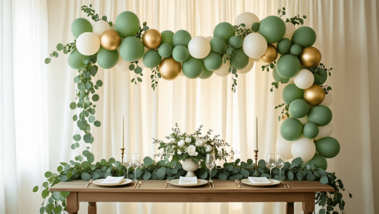 Green Balloon Decorations: Your Complete Guide to Stunning Party Setups Elegant baby shower table setup with a sage green and ivory balloon garland, gold accents, and eucalyptus, against sheer white curtains, featuring a rustic wooden table with delicate place settings, bathed in warm golden hour light, highlighting sophisticated decorations and an inviting atmosphere.