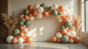How to Stitch Balloons Together Like a Pro: My Complete Guide to Balloon Installations Elegant balloon garland installation in sage green, soft terracotta, and ivory, featuring various balloon sizes and professional clustering techniques, set against a modern event space with warm golden hour lighting and scattered wildflowers.