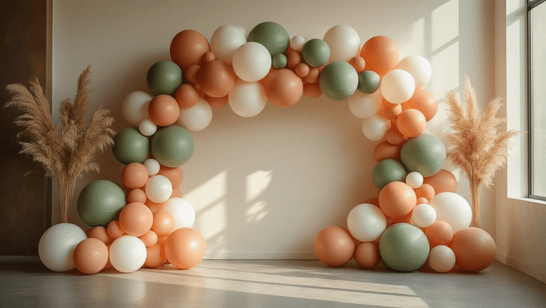 How to Stitch Balloons Together Like a Pro: My Complete Guide to Balloon Installations Elegant balloon garland installation in sage green, soft terracotta, and ivory, featuring various balloon sizes and professional clustering techniques, set against a modern event space with warm golden hour lighting and scattered wildflowers.