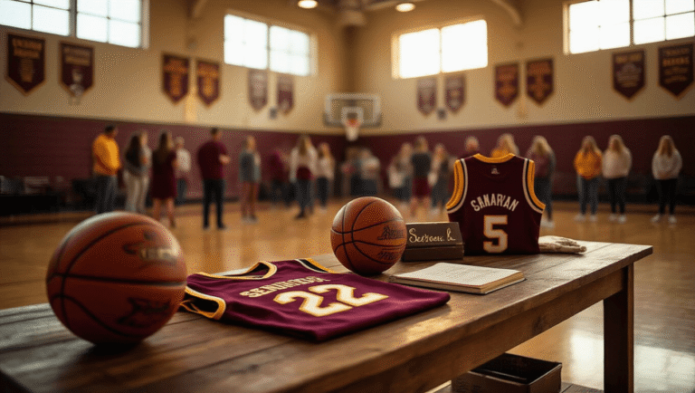 Senior Night Gift Ideas That'll Make Your Athletes Feel Like Champions Cinematic wide-angle shot of a warmly lit gymnasium during a senior night ceremony, showcasing personalized jerseys and sports equipment on a rustic wooden table, with blurred athletes and emotional parents in the background, all bathed in golden hour light.