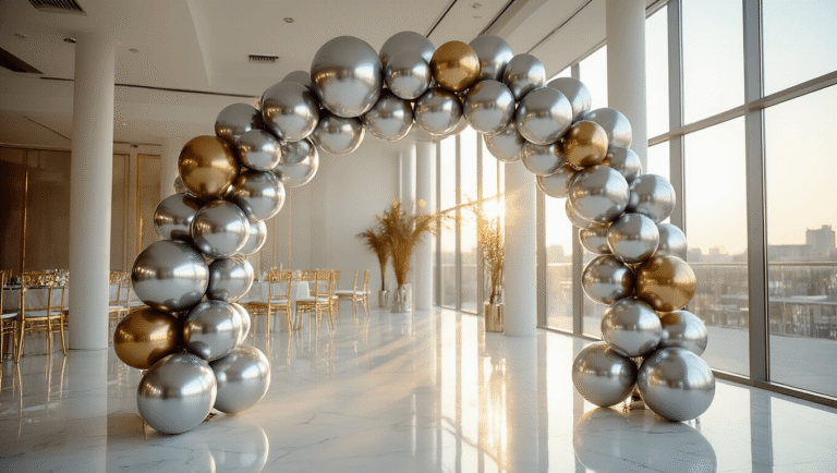 Silver Balloon Decorations: Your Complete Guide to Stunning Party Setups Luxurious event space with a silver balloon arch made of metallic chrome and satin balloons, showcasing reflections on white marble flooring, illuminated by golden hour light.