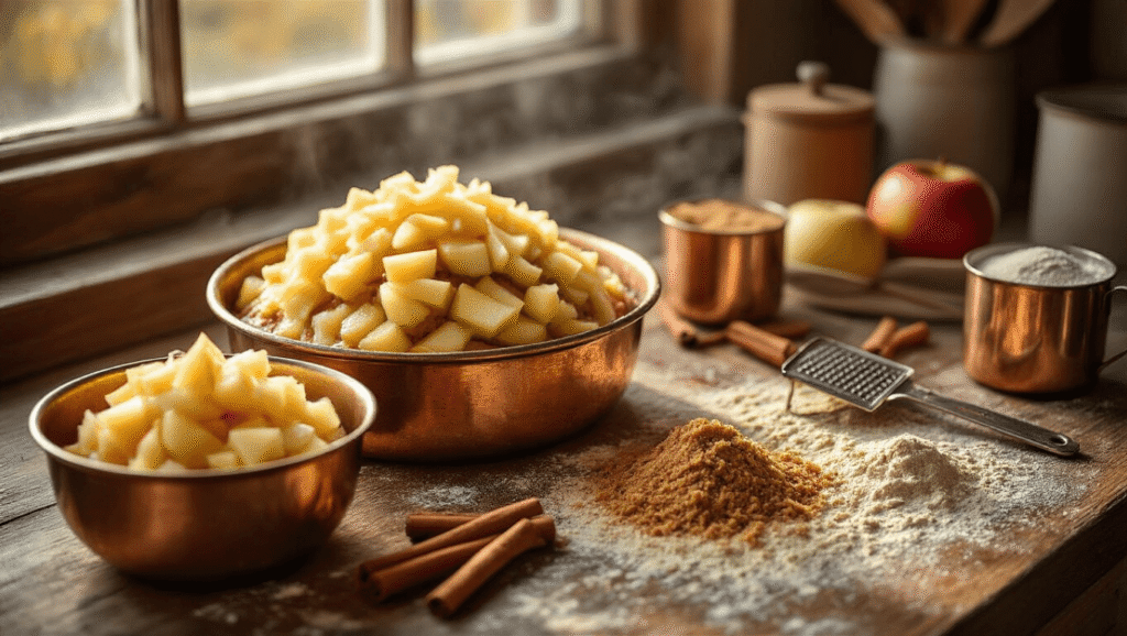Spiced Apple Cake That'll Make Your Kitchen Smell Like Heaven Cinematic overhead view of a rustic kitchen countertop showcasing the preparation of spiced apple cake, featuring grated Honeycrisp apples in a vintage copper bowl, scattered cinnamon sticks, fresh nutmeg with a microplane grater, brown sugar, and lightly dusted flour, illuminated by warm morning light.