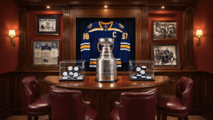 Stanley Cup Gift Ideas That'll Score Big With Hockey Fans Cinematic overhead view of a luxurious walnut home bar featuring Stanley Cup memorabilia, including a silver replica trophy, signed hockey pucks in crystal cases, a framed championship jersey, and vintage photographs, all under warm lighting with rich-colored accents.