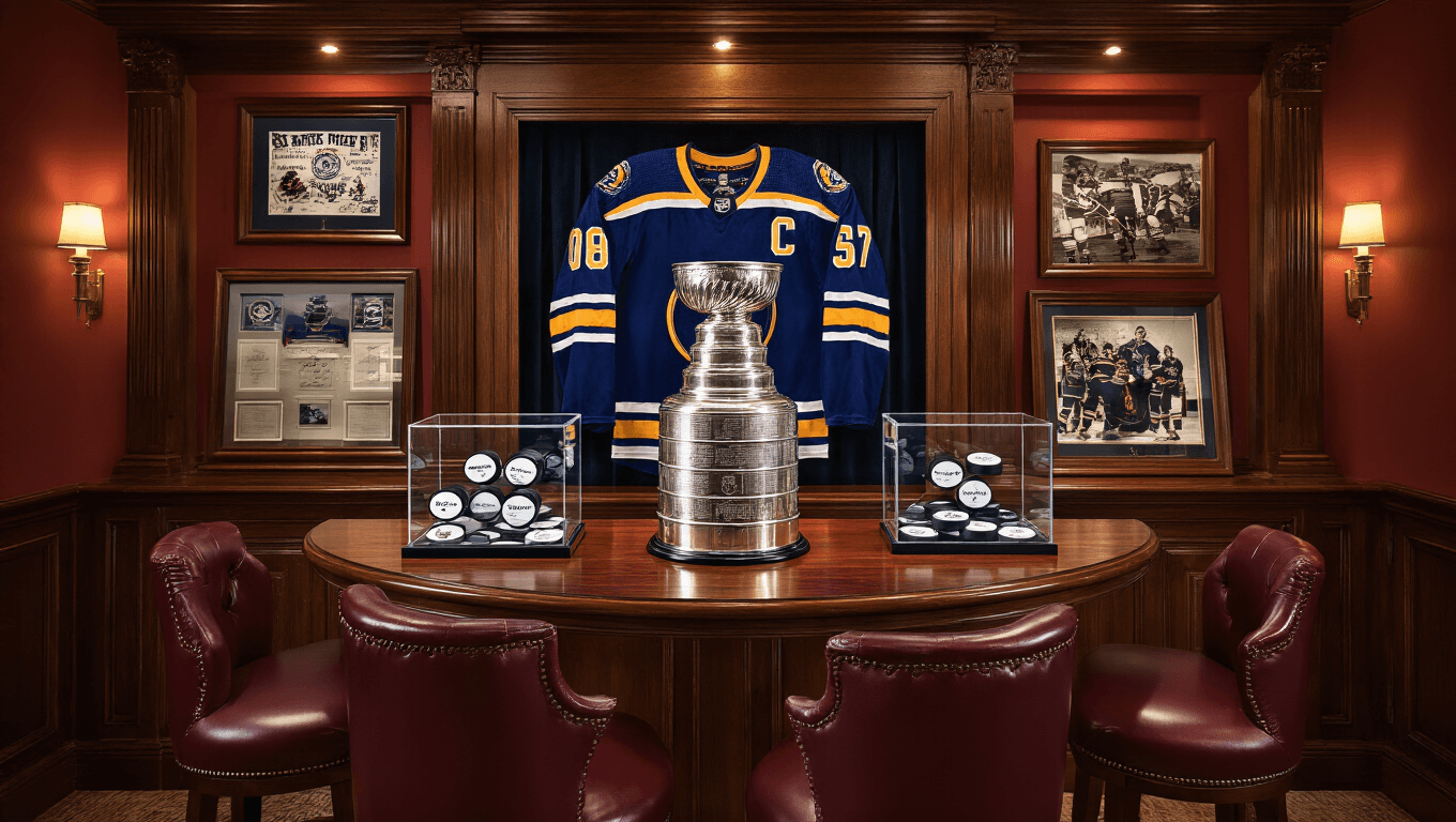 Cinematic overhead view of a luxurious walnut home bar featuring Stanley Cup memorabilia, including a silver replica trophy, signed hockey pucks in crystal cases, a framed championship jersey, and vintage photographs, all under warm lighting with rich-colored accents.