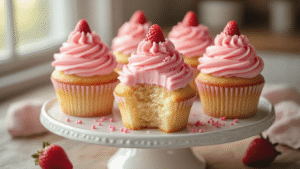 Strawberry Milkshake Cupcakes Close-up of strawberry milkshake cupcakes with pink frosting on a vintage cake stand, featuring swirled buttercream, freeze-dried strawberries, and pink sprinkles, in a softly lit rustic kitchen setting.
