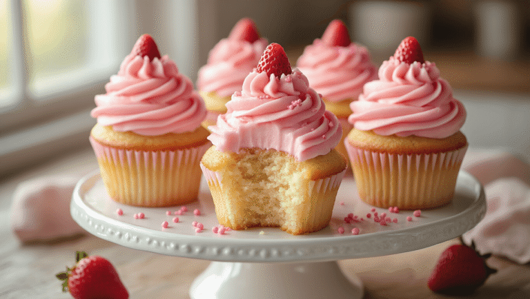 Strawberry Milkshake Cupcakes Close-up of strawberry milkshake cupcakes with pink frosting on a vintage cake stand, featuring swirled buttercream, freeze-dried strawberries, and pink sprinkles, in a softly lit rustic kitchen setting.