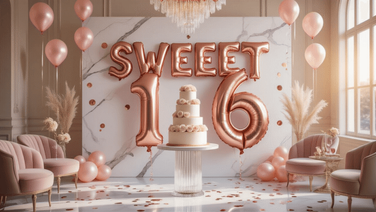 Sweet 16 Party Balloons: Your Complete Guide to Number 16 Balloon Decorations Cinematic wide-angle shot of a luxurious Sweet 16 party setup featuring rose gold balloons, an elegant cake, and a marble backdrop, illuminated by golden hour lighting.
