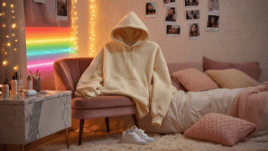 The Ultimate Christmas Gift Guide for Teenage Girls That'll Actually Make You Look Cool Dreamy teenage bedroom with cozy oversized hoodie, warm LED strip lights, fairy lights, polaroid collages, fluffy rug, skincare on marble vanity, and natural golden hour lighting.