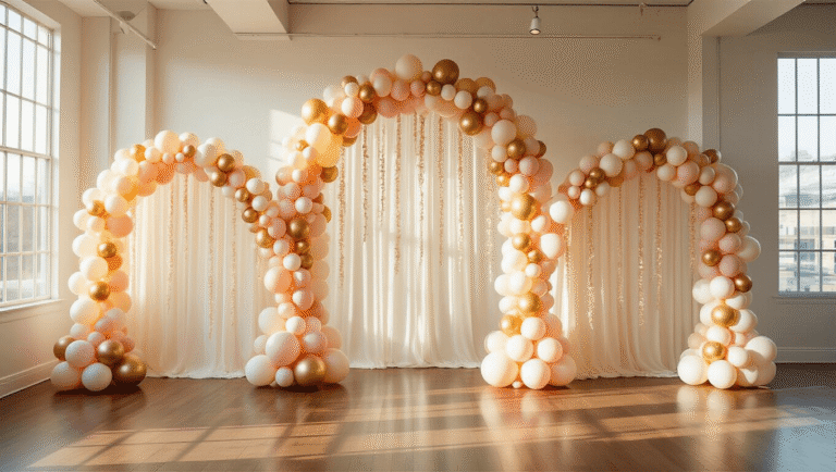 How to Create a Stunning 3 Arch Backdrop with Balloons That'll Make Your Next Party Unforgettable Cinematic shot of a three-arch balloon backdrop with cascading garlands in blush, champagne gold, and ivory tones, illuminated by golden hour sunlight in a modern event space.