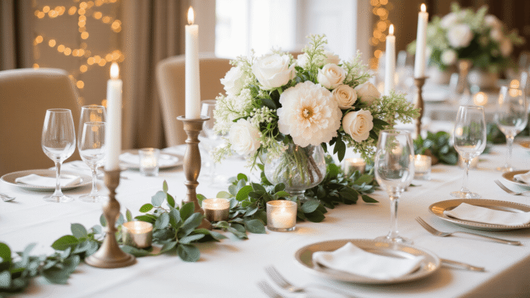 Timeless Wedding Decor: Elegant Elements That Never Go Out of Style Cinematic photograph of an elegant wedding tablescape featuring a lush all-white floral centerpiece, flickering candles, and sophisticated linens, evoking a romantic and timeless atmosphere.