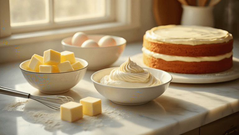 Vanilla Buttercream Cake: The One Recipe You Actually Need Cinematic close-up of vanilla cake preparation, featuring softened butter, room temperature eggs, and sifted flour in vintage bowls on a marble countertop, with warm golden hour lighting and whisked buttercream in the foreground, evoking a cozy, professional kitchen atmosphere.