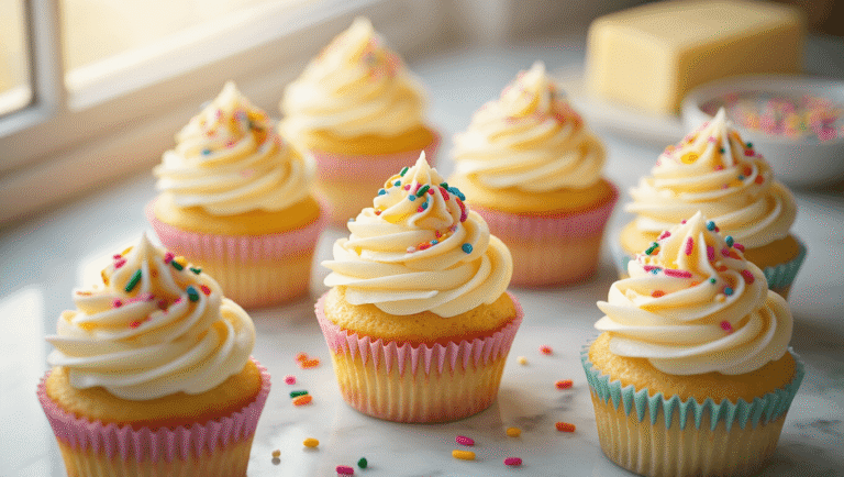 Vanilla Confetti Cupcakes: The Ultimate Birthday Party Recipe Cinematic overhead shot of fluffy vanilla confetti cupcakes topped with swirled buttercream frosting and vibrant rainbow sprinkles, set against a white marble countertop under warm golden hour lighting.