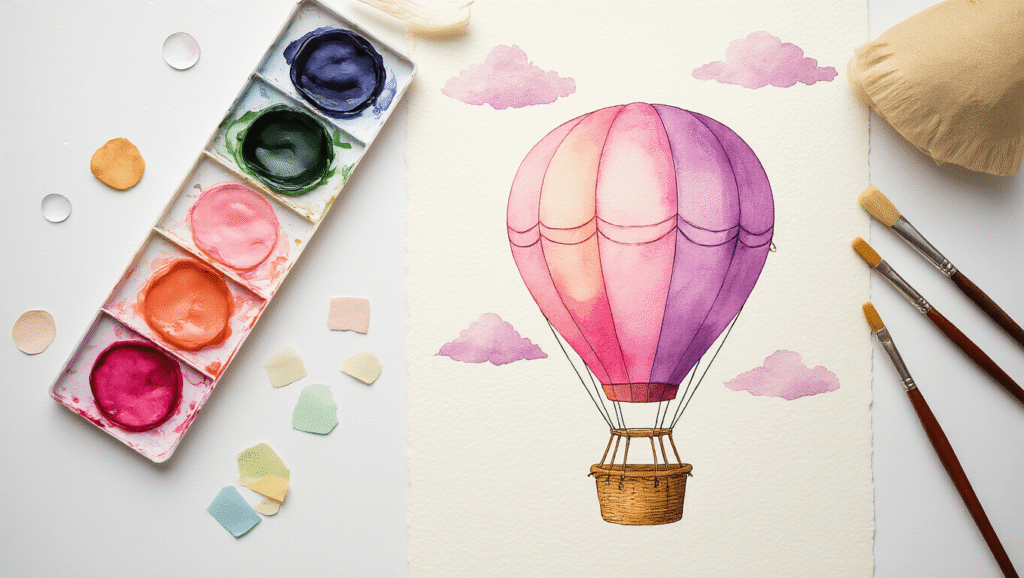 Hot Air Balloon Art: Every Creative Method You Need to Master This Whimsical Trend Cinematic flat lay of a watercolor hot air balloon art process on a white surface, featuring pink and lavender palettes, soft brushes, textured paper with a balloon sketch, jewel-tone craft strips, golden hour lighting, and organic water droplets.