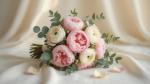 How to Choose the Perfect Wedding Flowers Without Losing Your Mind Romantic bridal bouquet featuring blush pink peonies, cream ranunculus, and eucalyptus leaves on a soft white linen surface, illuminated by golden hour light against a minimalist cream background.