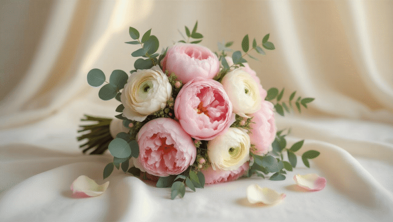 How to Choose the Perfect Wedding Flowers Without Losing Your Mind Romantic bridal bouquet featuring blush pink peonies, cream ranunculus, and eucalyptus leaves on a soft white linen surface, illuminated by golden hour light against a minimalist cream background.