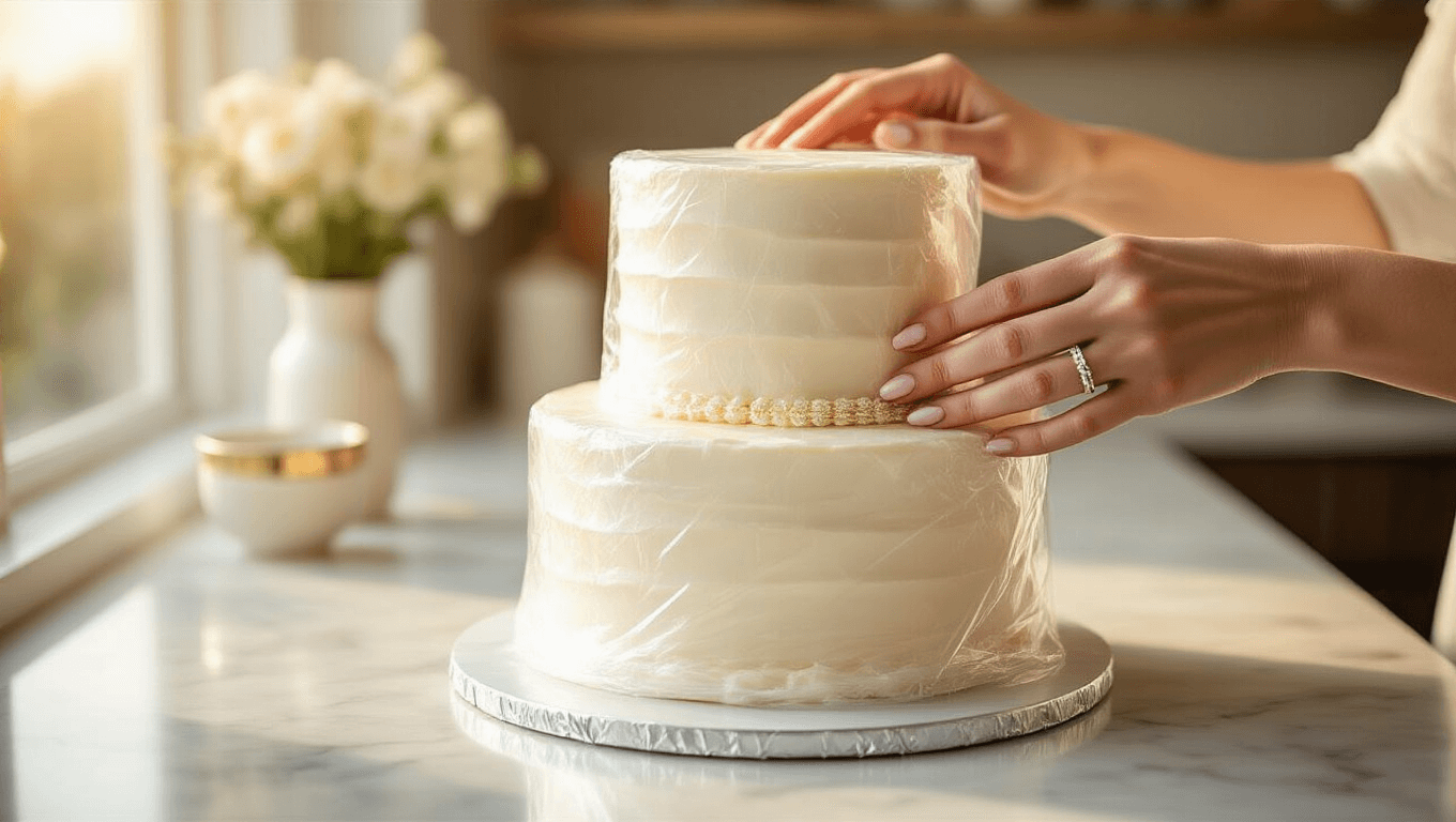 A beautifully wrapped wedding cake tier in white frosting, meticulously secured with plastic wrap and aluminum foil on a marble countertop, illuminated by soft golden hour light. Elegant hands with delicate rings enhance the warm, intimate atmosphere.