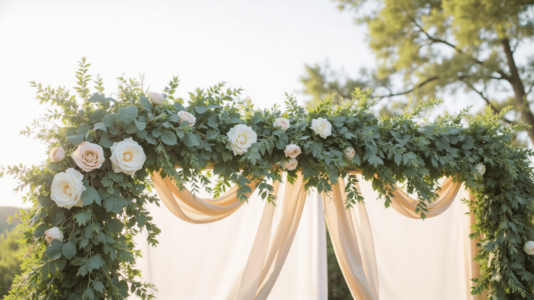 How to Use Wedding Garlands to Create Stunning Ceremony and Reception Décor Close-up of a wedding ceremony arch decorated with cascading eucalyptus garland, blush garden roses, and ivory ranunculus, illuminated by warm golden hour sunlight, featuring soft bokeh and natural textures.