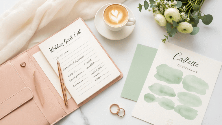 How Many People Should I Invite to My Wedding? A Real Guide to Getting Your Guest List Right Warm flat lay of wedding planning materials featuring a blush pink notebook with handwritten guest lists, rose gold fountain pen, scattered ivory stationery, a sage green guest count spreadsheet, a gold engagement ring, a white ranunculus bouquet, and a latte with heart-shaped foam, all on a clean white marble surface in golden hour light.
