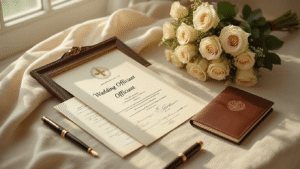 How to Officiate a Wedding: Your Complete Guide to Leading Someone's Big Day Elegant wedding officiant essentials including an ordination certificate, marriage license, gold fountain pen, leather-bound notebook, and cream roses on a soft-lit tabletop.