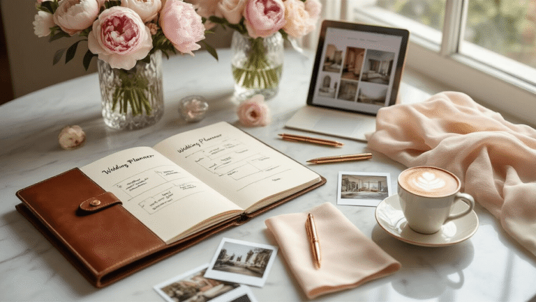 How to Become a Wedding Planner With No Experience (And Actually Make Money Doing It) A warm and inviting wedding planning workspace featuring a leather-bound planner, blush pink peonies, Polaroid venue photos, a vintage pen, soft fabric swatches, a tablet with mood boards, and a cappuccino, all arranged on a clean marble surface in soft natural light.