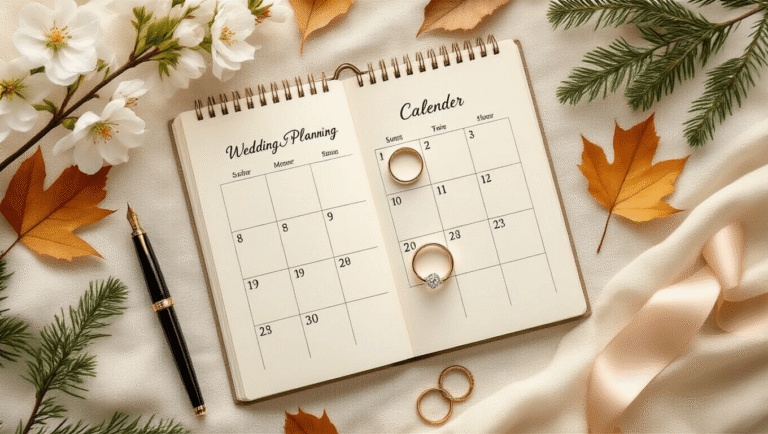 How to Pick a Wedding Date That Actually Works for Your Big Day Elegant flat lay of an open wedding planning calendar with circled dates, surrounded by seasonal flowers, autumn leaves, and winter greenery, featuring a diamond engagement ring, vintage fountain pen, gold accents, and champagne-colored ribbon on an ivory linen background.