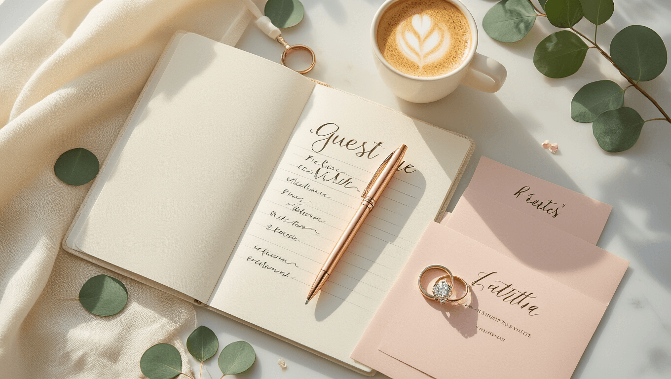 Flat lay of wedding planning essentials on a white marble surface, featuring an open ivory linen notebook with a guest list, a rose gold pen, a sparkling diamond ring, blush pink invitation samples, a ceramic cup of latte with foam art, and eucalyptus sprigs, all illuminated by soft morning sunlight.