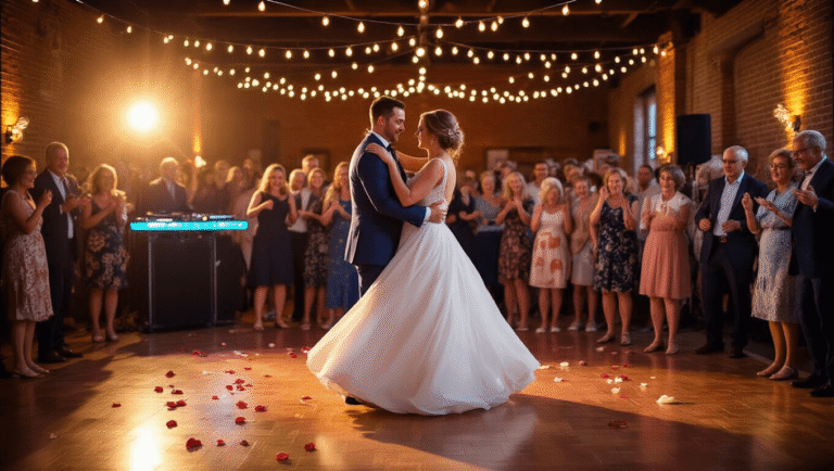 How to Make a Wedding Playlist That'll Actually Get Everyone Dancing A beautiful wedding reception scene with a bride and groom slow dancing at the center of a dance floor, surrounded by joyful multi-generational guests, with glowing DJ equipment, string lights, and rose petals on polished wooden floors, all bathed in warm golden hour light.