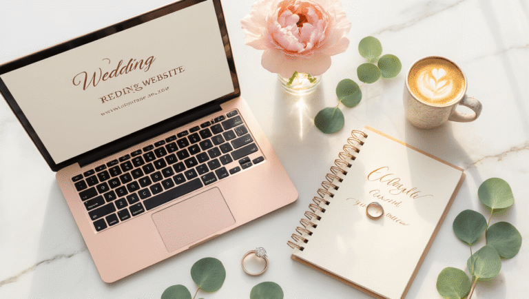 How to Make a Wedding Website Without Losing Your Mind Overhead shot of a rose gold laptop displaying a wedding website template on a marble surface, surrounded by a pink peony, spiral-bound wedding notebook, diamond engagement ring, cappuccino with latte art, and eucalyptus sprigs, all illuminated by golden hour sunlight.