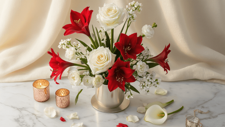 Flower Gift Ideas That'll Make You Look Like You Actually Put Thought Into It Cinematic overhead view of a winter flower arrangement with white roses, red amaryllis, and paperwhites in a metallic vase, set on a polished marble surface, surrounded by scattered petals, candleholders, and rose gold accents, illuminated by warm golden hour light.