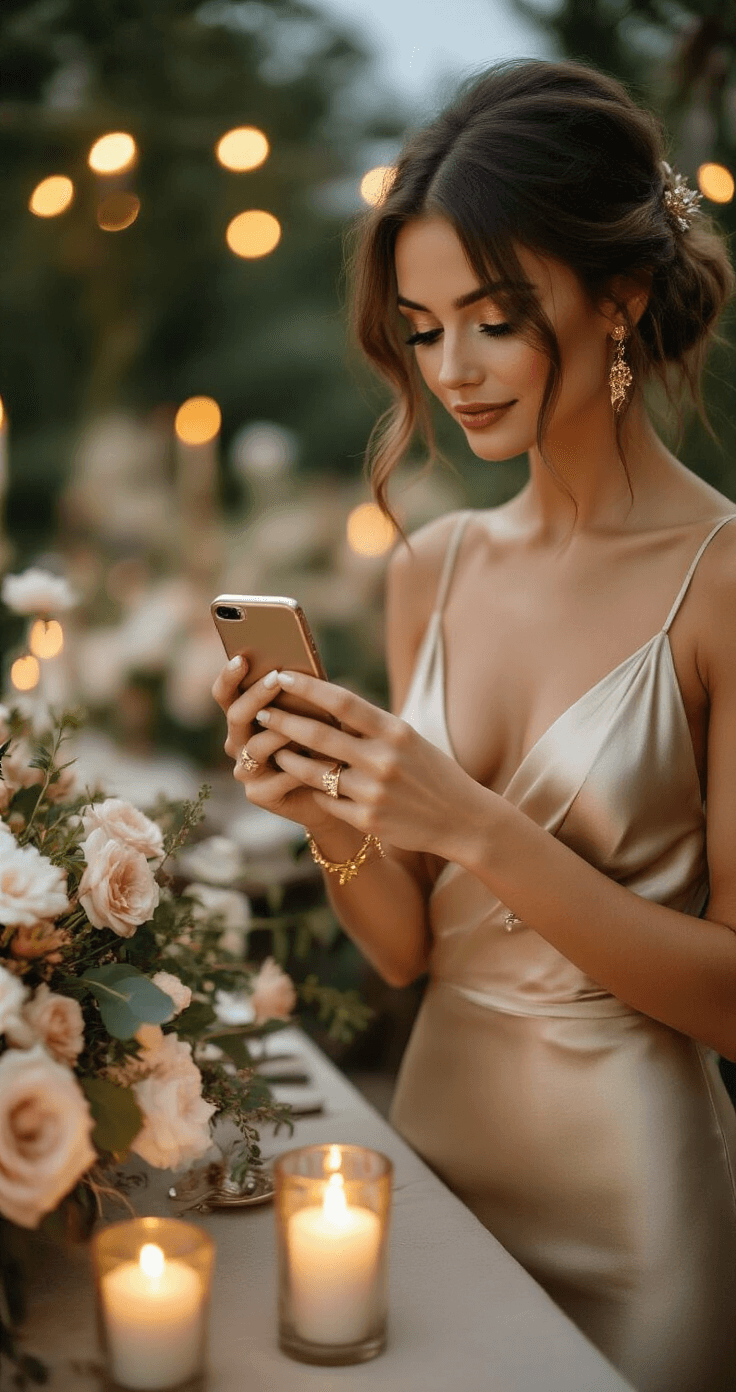 How to Use Wedding Hashtags to Capture Every Perfect Moment A millennial wedding guest in a champagne-toned silk slip dress, adorned with gold accessories, captures reception moments with her smartphone, showcasing her manicured hands and softly lit floral centerpieces on an elegantly decorated table.