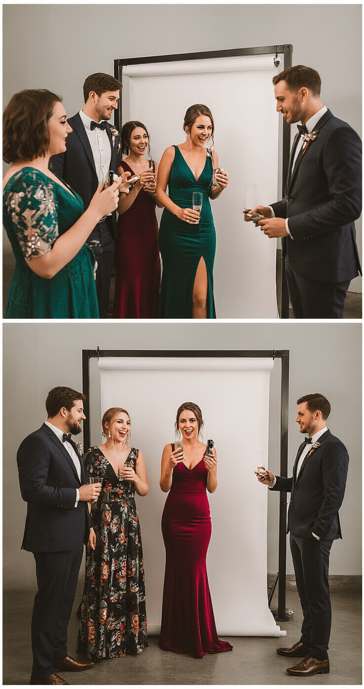 How to Use Wedding Hashtags to Capture Every Perfect Moment Wedding guests in chic cocktail attire collaboratively creating hashtag content near a modern photo booth backdrop, featuring diverse young professionals in tailored suits and jewel-toned statement dresses. Cinematographic lighting highlights their playful interactions and coordinated yet individual fashion choices.