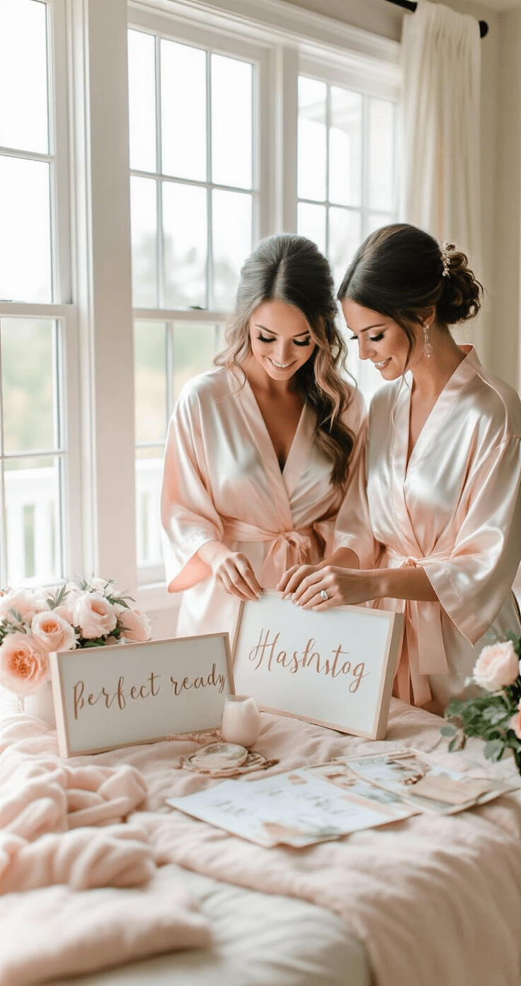 How to Use Wedding Hashtags to Capture Every Perfect Moment A bride and bridesmaid in soft blush robes select a wedding hashtag in a bright bridal suite, surrounded by planning materials, with natural light streaming through large windows.