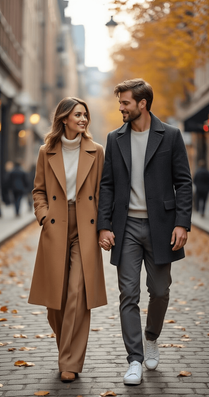 How to Write Wedding Vows That Actually Sound Like You A couple walks hand-in-hand in an urban street scene, she in a tailored camel wool coat and high-waisted wide-leg trousers, he in a fitted charcoal grey peacoat and crisp white sneakers, surrounded by autumn leaves and soft mid-morning light, capturing a moment of genuine connection and pre-wedding anticipation.