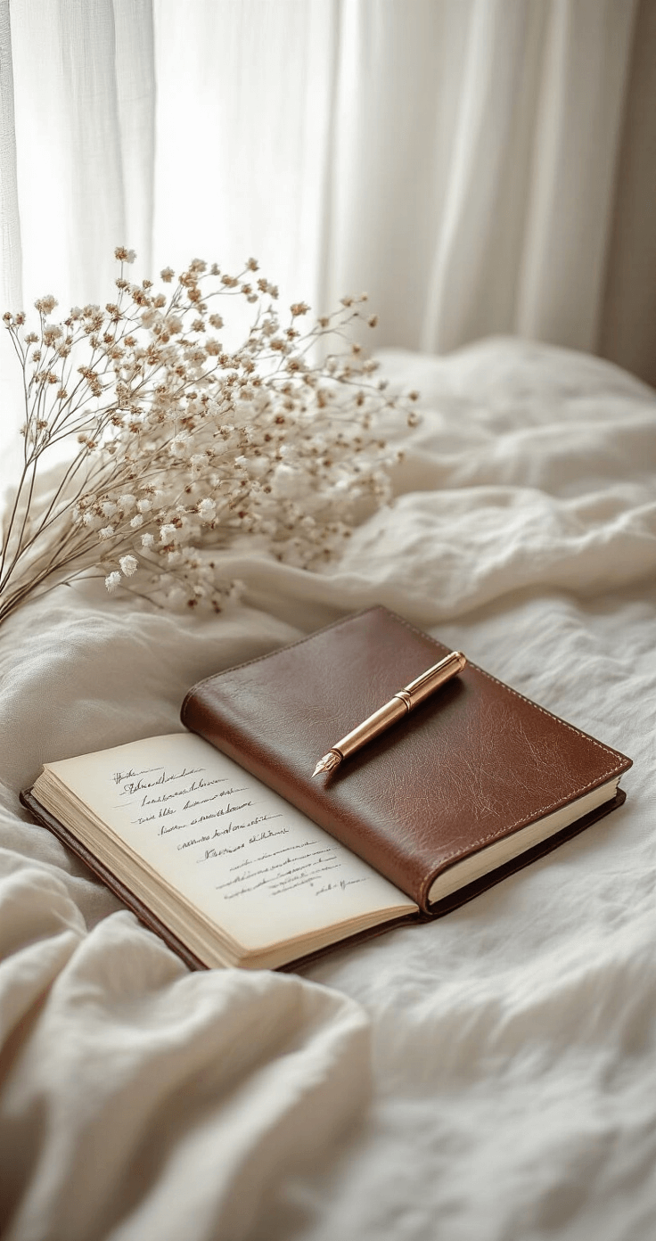 How to Write Wedding Vows That Actually Sound Like You A cozy bedroom scene featuring wedding vow writing essentials, including a vintage leather-bound journal and rose gold fountain pen, complemented by a delicate dried flower arrangement and soft linen throw, all in a minimal neutral color palette with morning light streaming through sheer curtains, creating a personal and romantic atmosphere.