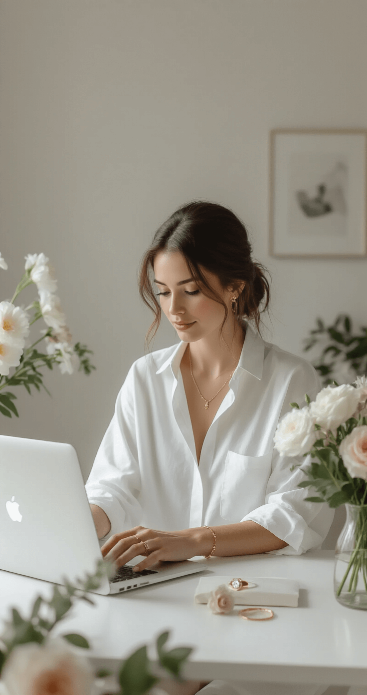How to Write Wedding Vows That Actually Sound Like You A minimalist home office featuring a bride in a white oversized shirt, seated at a modern desk with a MacBook, fresh flowers, and soft natural lighting, adorned with delicate gold jewelry and a meaningful engagement ring, capturing a contemporary urban professional aesthetic.