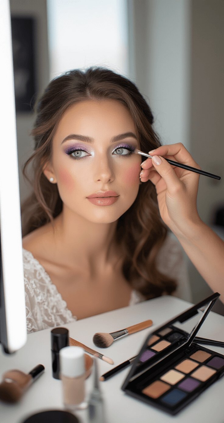 The Ultimate Guide to Wedding Makeup for Green Eyes That'll Make You Look Absolutely Stunning A green-eyed bride sits at a crisp white makeup counter, testing soft lavender and champagne eyeshadow colors as a makeup artist carefully blends the shades in soft studio lighting, with professional cosmetic tools visible around them.