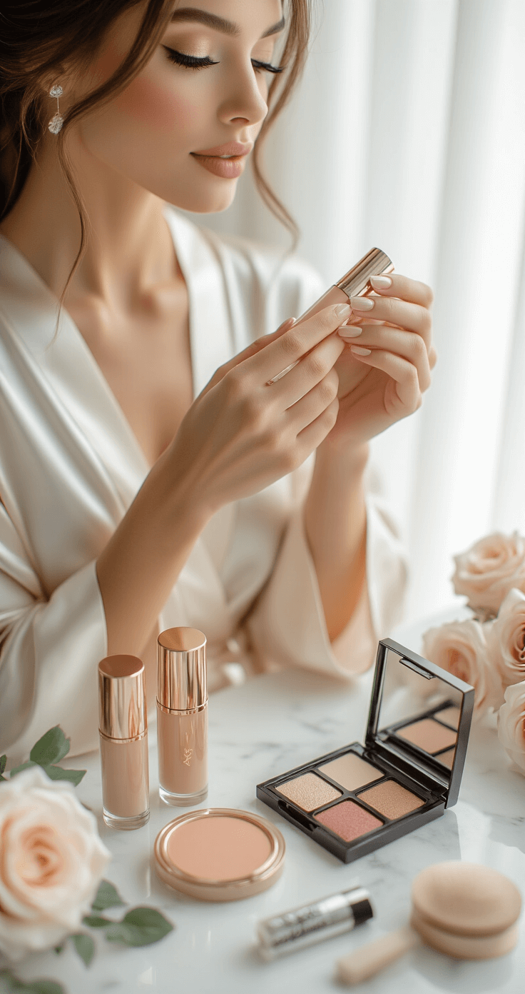 Wedding Makeup: Get That Perfect Bridal Glow Without Looking Like You Tried Too Hard Close-up of a bride in a silk robe holding nude lip gloss, surrounded by elegantly arranged makeup products on a marble surface, with soft natural light streaming through sheer curtains in a clean, modern bedroom.