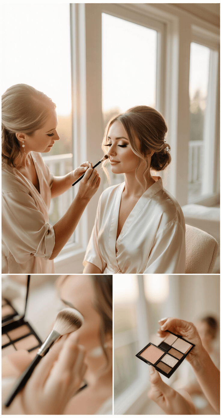 Soft Glam Wedding Makeup: The Perfect Balance Between Natural and Glamorous A bride in a delicate silk robe receives soft glam makeup in a minimalist bridal suite during golden hour, with natural light illuminating her flawless skin and neutral eyeshadow blending, as a professional makeup artist carefully applies makeup using high-end products.
