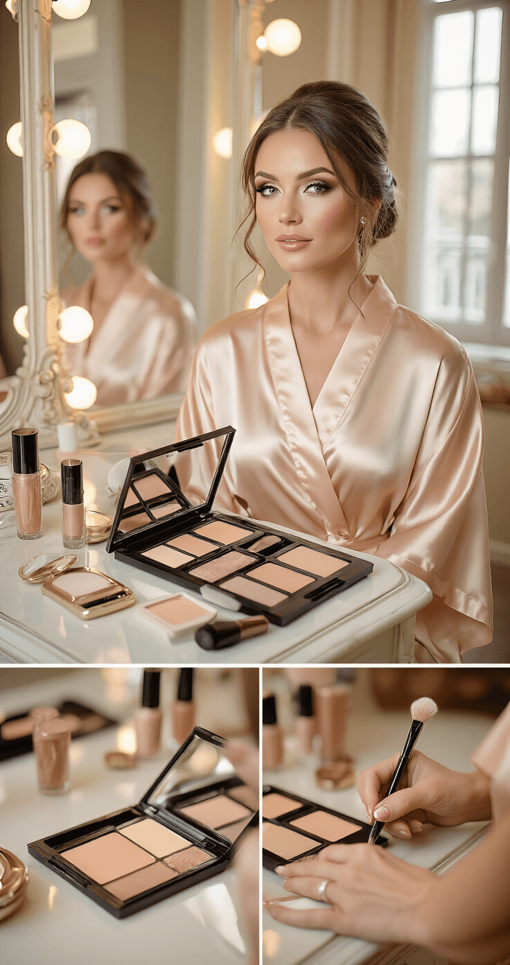 Full Glam Bridal Makeup: Your Complete Guide to Looking Absolutely Stunning on Your Big Day Bride in silk champagne robe being styled in chic getting-ready room, surrounded by professional makeup on vintage mirrored vanity, makeup artist applying contour and highlight with warm neutral tones and rose gold accents.
