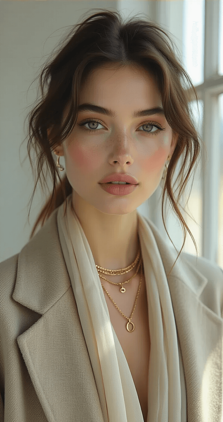 I'm Telling You Everything About Soft Wedding Makeup (And Why It's Perfect for Your Big Day) A fashion photoshoot in a minimalist studio with soft ambient light highlights a model with a dewy glow, neutral eyeshadow, and layered accessories including necklaces, a silk scarf, and a wool blazer.
