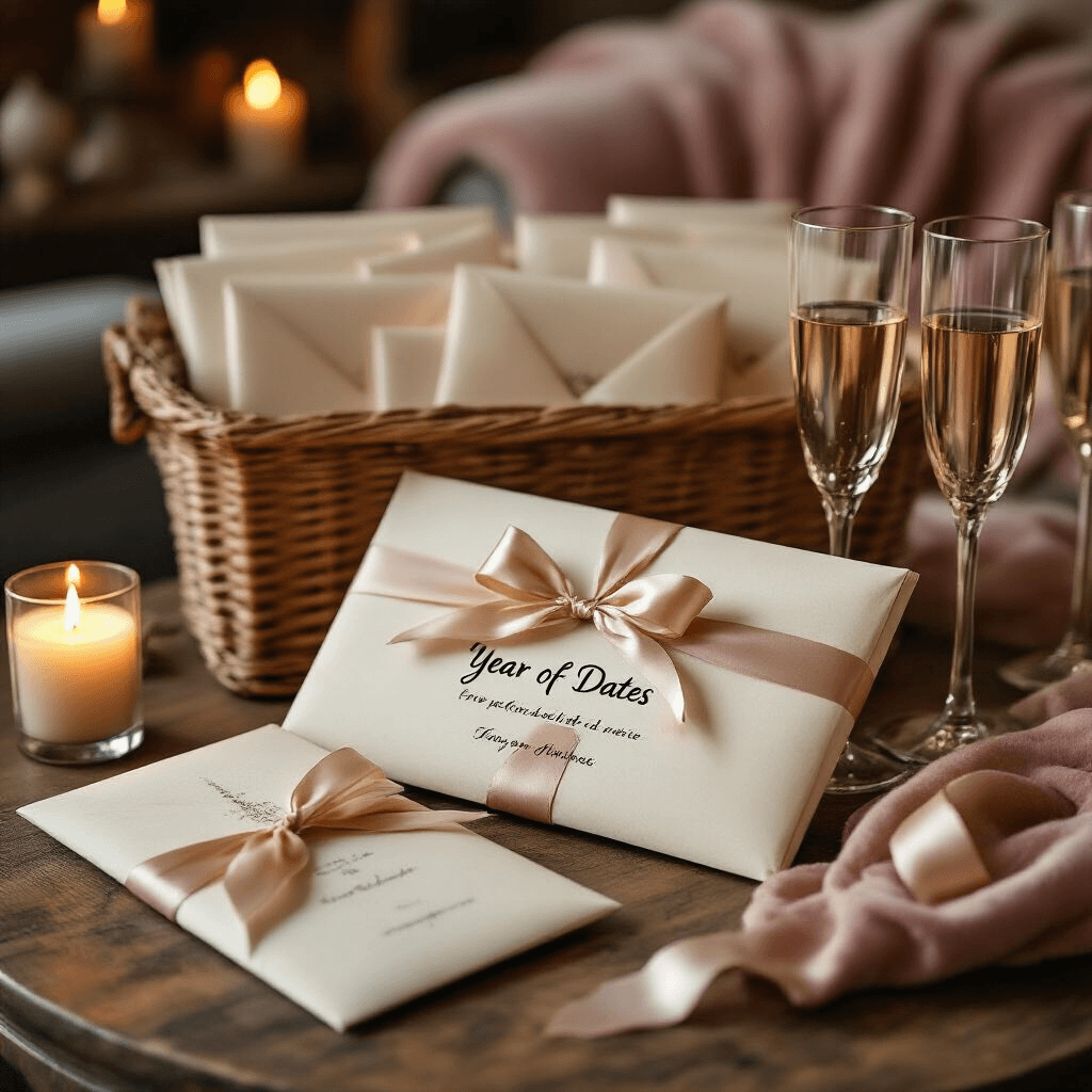 The Best Bridal Shower Gift Ideas That'll Actually Get Used (Not Shoved in a Closet) A romantic gift setup featuring a 'year of dates' basket on a rustic wooden surface, showcasing twelve elegantly wrapped envelopes tied with silk ribbons, soft candlelight, vintage champagne flutes, and a handwritten note, all set against a cozy living room background with blush velvet and modern decor, evoking a warm and nostalgic mood.