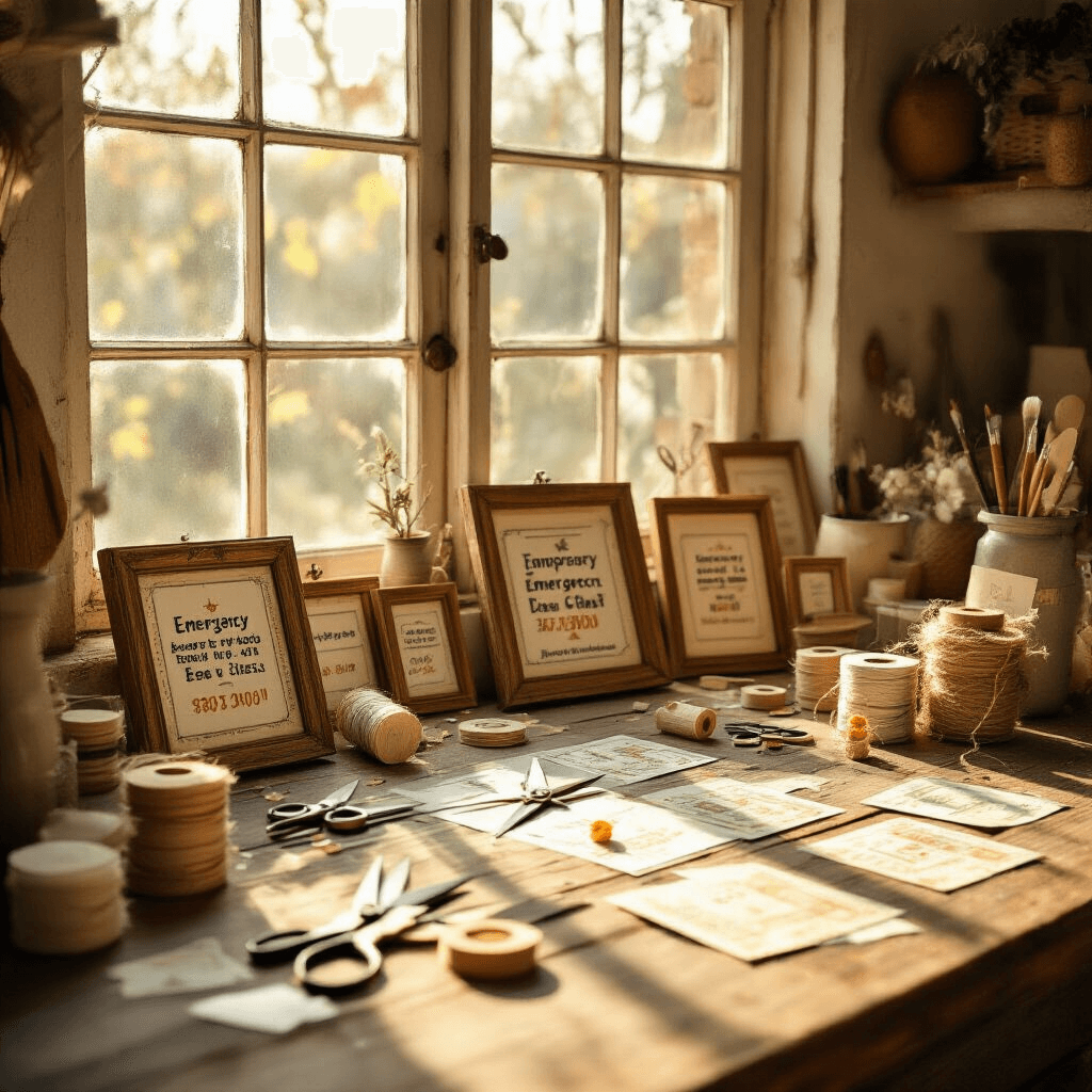 The Ultimate Guide to Lottery Ticket Gift Ideas That'll Make You Look Like a Genius A cozy crafting scene with a rustic wooden table strewn with craft supplies like scissors and ribbons, illuminated by golden hour sunlight, showcasing various lottery ticket frames in progress, and featuring a warm color palette of cream, sage green, and soft terracotta.