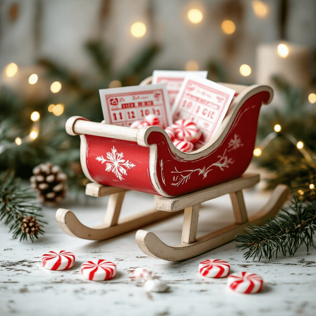 The Ultimate Guide to Lottery Ticket Gift Ideas That'll Make You Look Like a Genius A cozy holiday crafting scene featuring a classic red and white wooden sleigh gift box filled with lottery tickets and peppermint candies, set on a distressed white wooden surface, adorned with pine branches and twinkling fairy lights, bathed in soft, warm lighting.