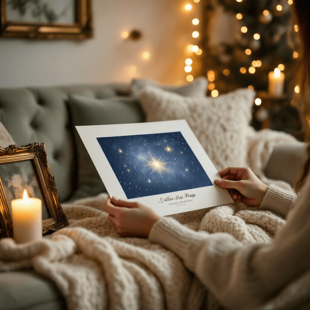 Couple Gift Ideas That'll Make You Look Like the Thoughtful Friend You Actually Are A cozy living room illuminated by warm candlelight, showcasing a couple gently unveiling a custom star map print framed in vintage brass. They sit on a plush velvet sofa with a textured throw blanket, surrounded by ambient fairy lights that create a soft bokeh effect, capturing an intimate moment filled with emotional connection.