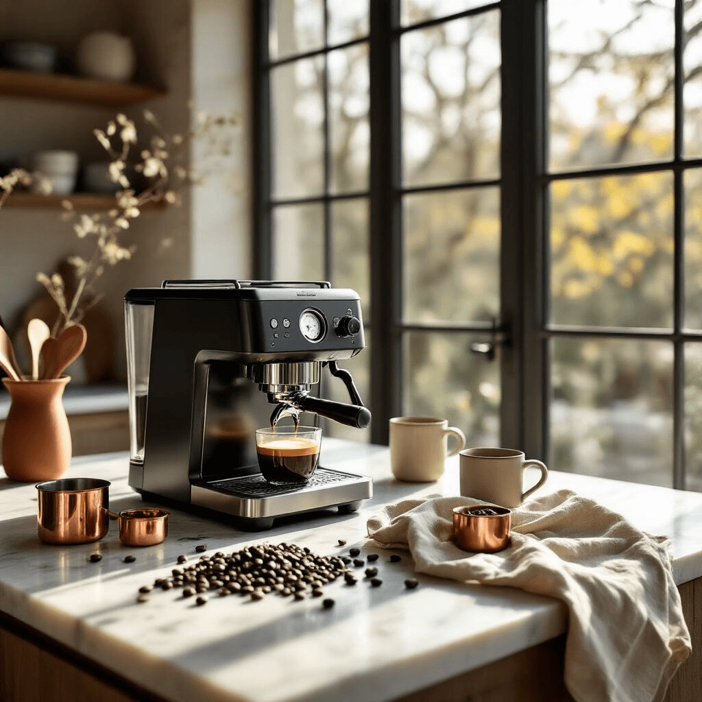 Couple Gift Ideas That'll Make You Look Like the Thoughtful Friend You Actually Are High-end espresso machine on rustic marble countertop, illuminated by dramatic side lighting with shadows, surrounded by fresh coffee beans and a copper measuring spoon, complemented by a textured linen towel, with morning sunlight filtering through large windows, styled in a minimalist Scandinavian aesthetic with muted terracotta and cream tones.