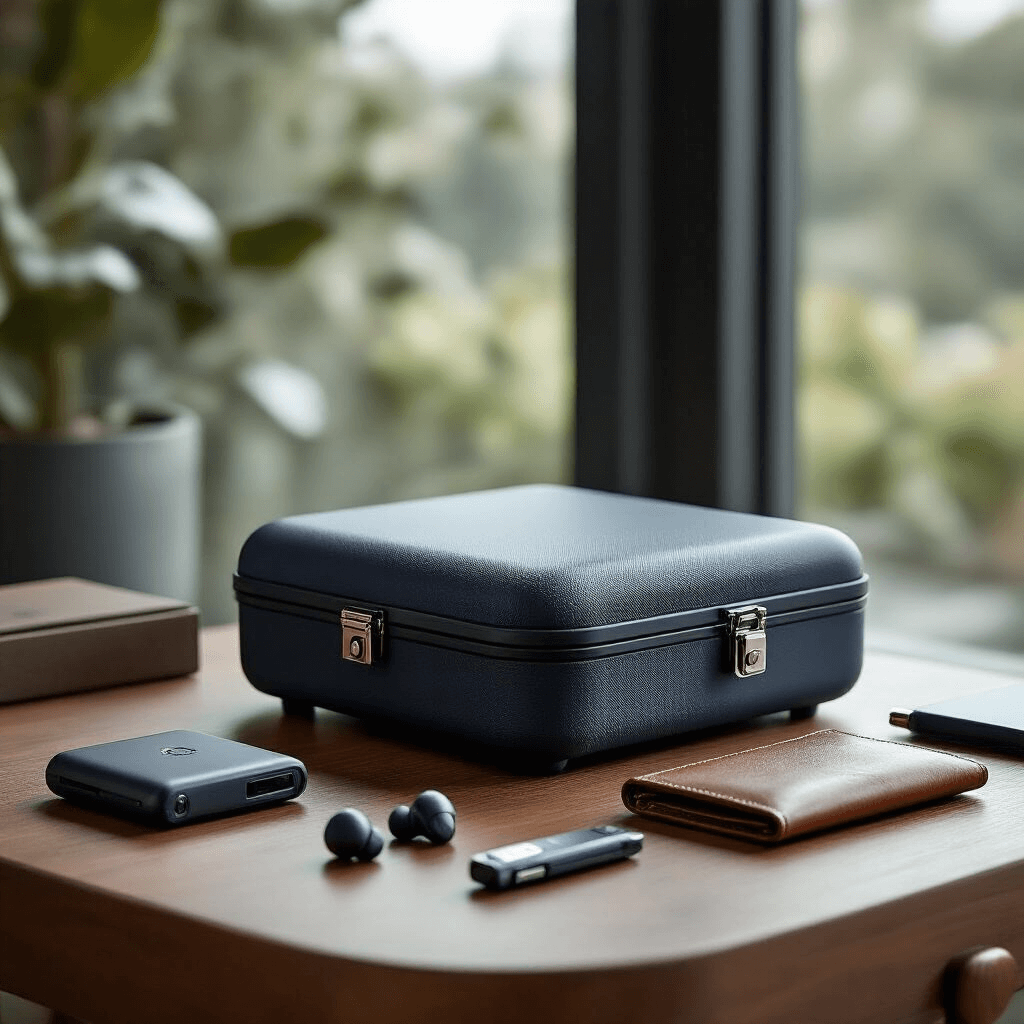 Gift Ideas for Men That'll Actually Get Used (Not Shoved in a Drawer) Photorealistic display of a sleek electronics organizer case on a modern wooden side table, surrounded by high-end tech gadgets, featuring soft natural lighting and a muted color palette.