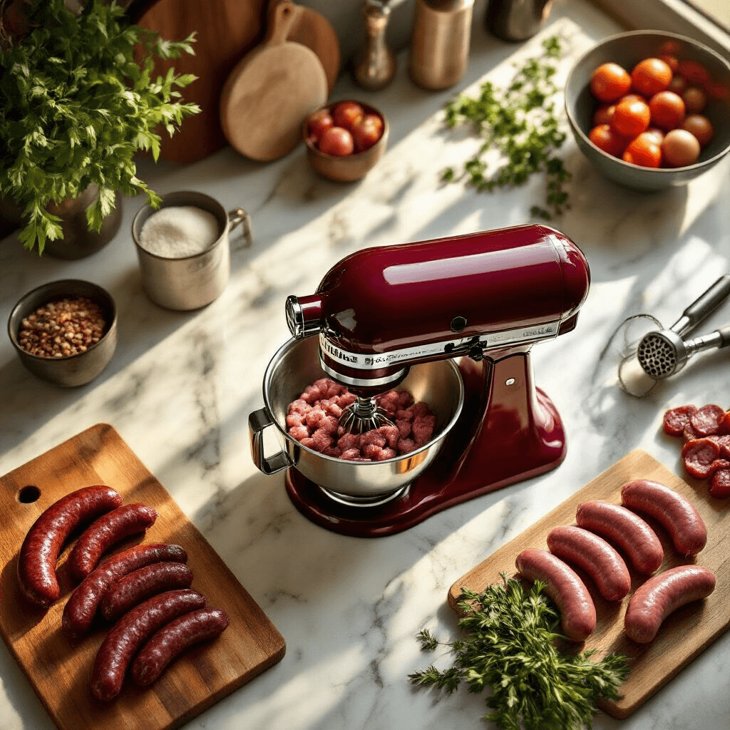 Gift Ideas for Men That'll Actually Get Used (Not Shoved in a Drawer) Cinematic overhead shot of a kitchen counter featuring a KitchenAid Stand Mixer with a meat grinder attachment, surrounded by artisan sausages, fresh herbs, and chef's tools, illuminated by warm golden hour lighting on a marble surface, showcasing rich textures and a deep burgundy, forest green, and burnished copper color palette.