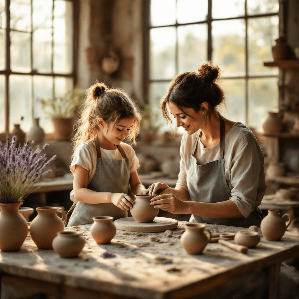 Mother's Day Gift Ideas That'll Actually Make Her Smile (No Generic Candles Here) A mother and daughter enjoy golden-hour light in a rustic pottery studio, crafting ceramic mugs together at a wooden table surrounded by clay, tools, and unfinished ceramics, with soft shadows and earthy tones creating an intimate atmosphere.
